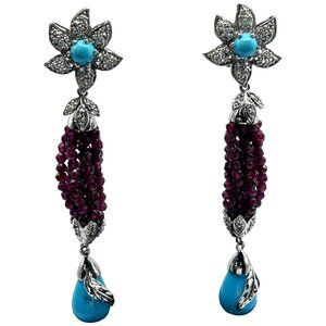 Sterling Silver Turquoise, White Zircon & Rhodolite Garnet Bead Dangle Earrings